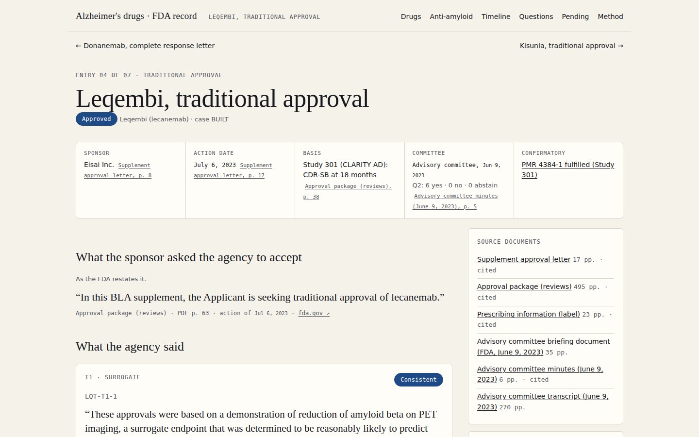 The Leqembi traditional approval entry: header, facts row, the sponsor's request, the start of What the agency said, and Source documents on the right.