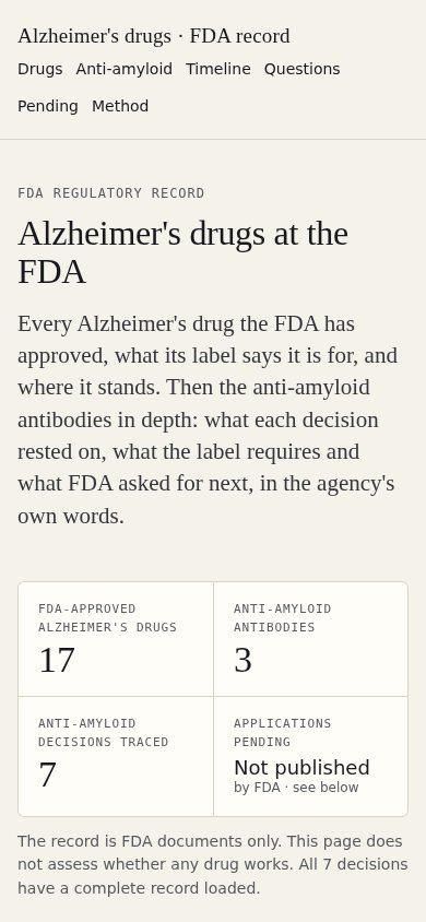 The Alzheimer's record home page on a phone.