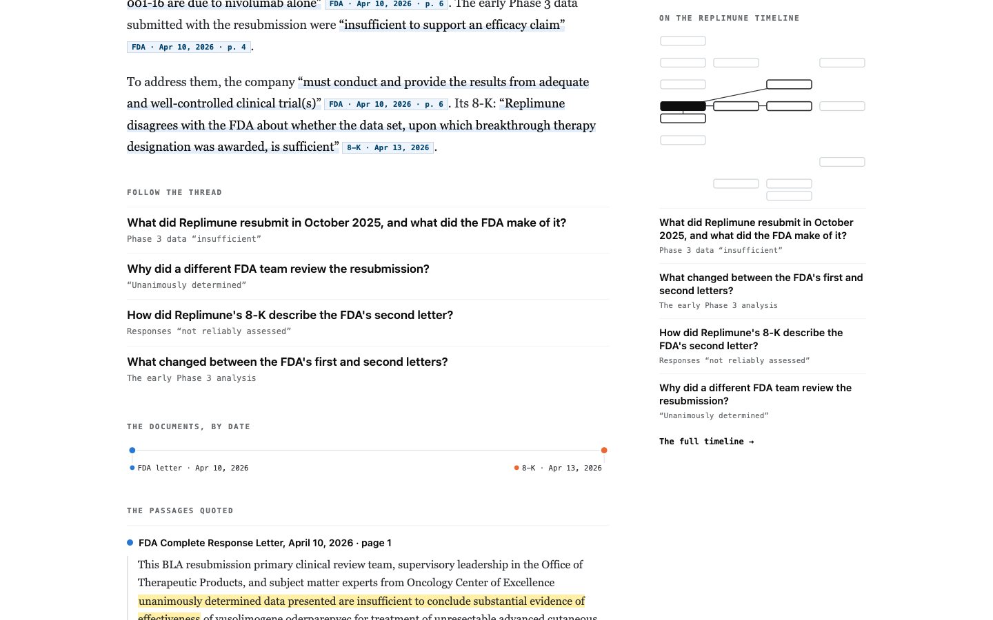 Further down the question page: the end of the evidence, Follow the thread with four related questions and what each shares, The documents, by date, a line from an FDA letter on April 10, 2026 to an 8-K on April 13, 2026, and the start of The passages quoted.