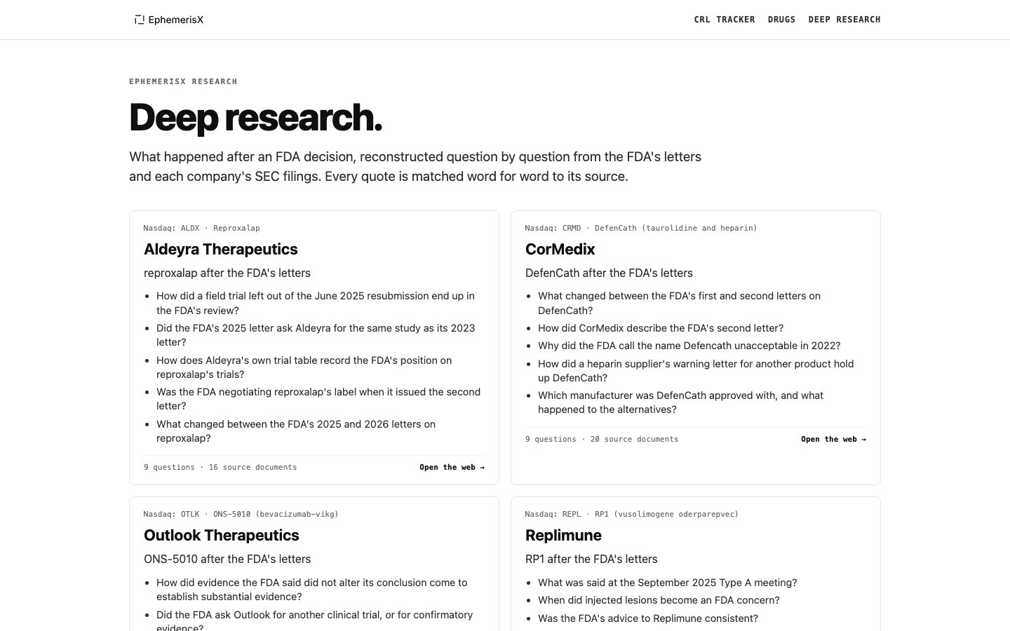 The deep research home page: the headline Deep research, a lead saying every quote is matched word for word to its source, and cards for Aldeyra Therapeutics, CorMedix, Outlook Therapeutics and Replimune, each with a list of questions.